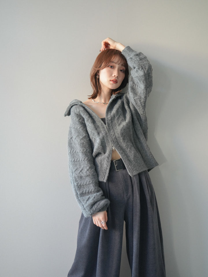 [予約]ケーブル編みハイネックZIPニットカーディガン/gray