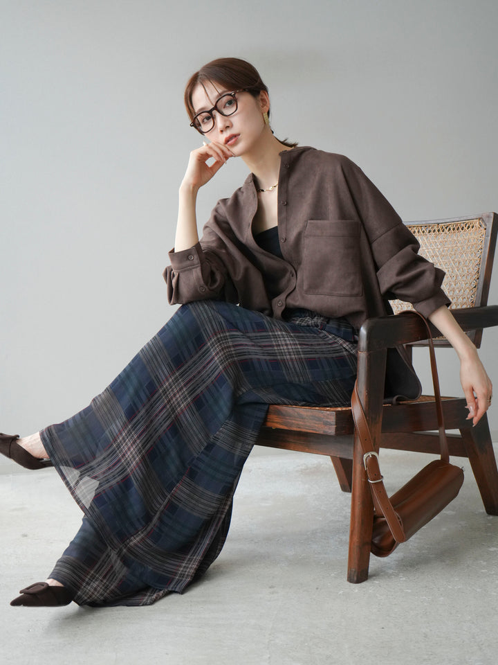 [SET]スエードバンドカラーオーバーシャツ+シアーチェックバギーパンツ(2set)