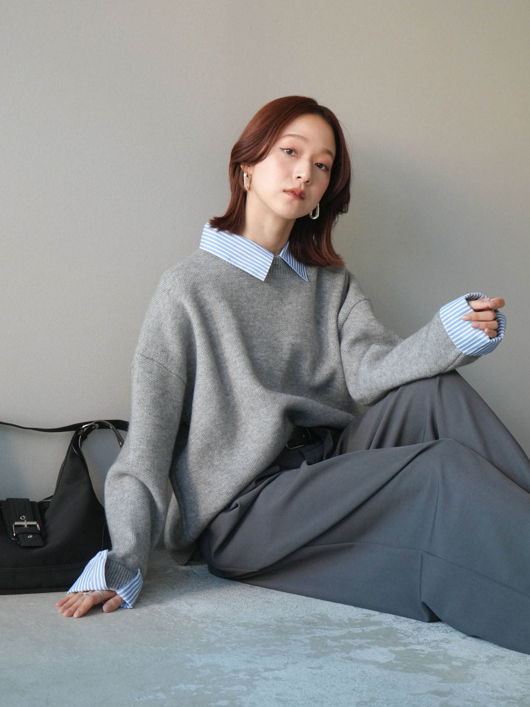 [SET]2WAYストライプ襟ニットプルオーバー+ベルトループデザインワイドパンツ(2set)