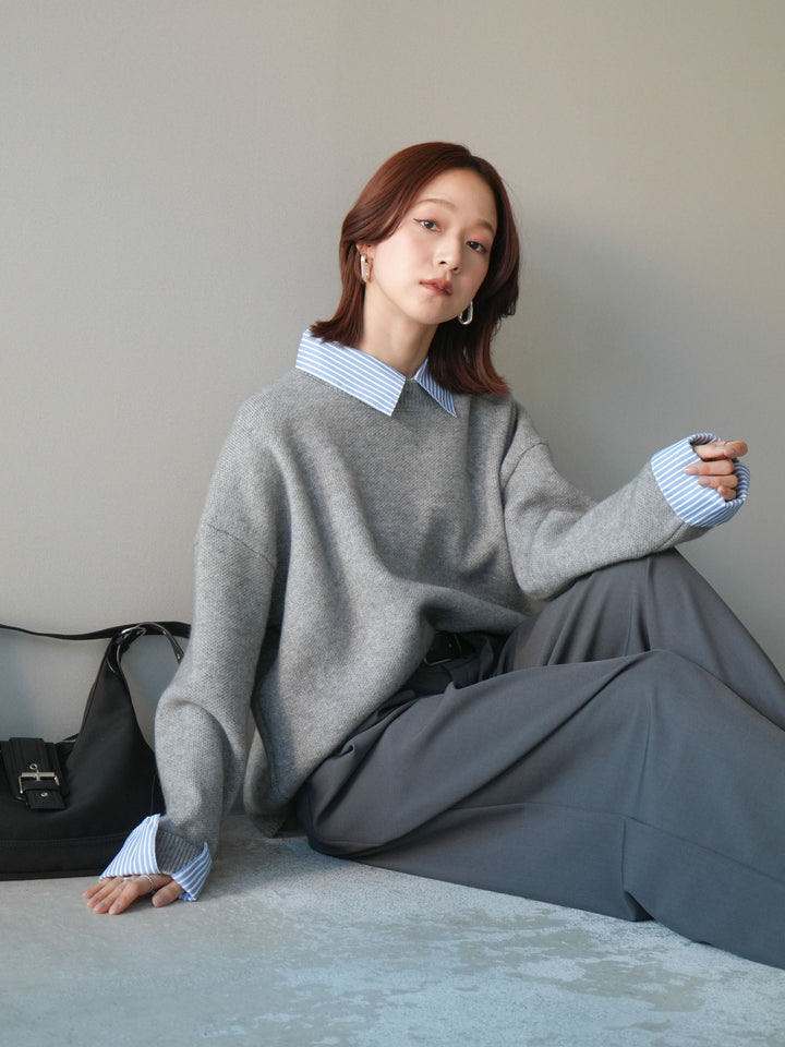 [SET]2WAYストライプ襟ニットプルオーバー+ベルトループデザインワイドパンツ(2set)