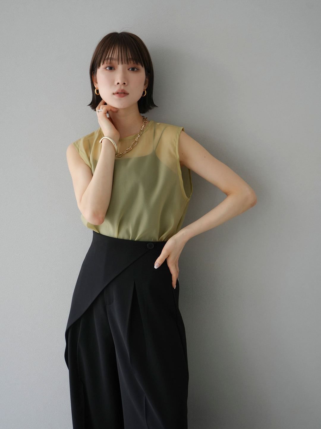 [SET] Organza sleeveless top + wrap wide pants (2set)