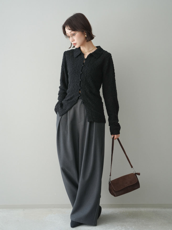 [SET]透かし編みブークレポロニットトップス+サテンベルトタックワイドパンツ(2set)