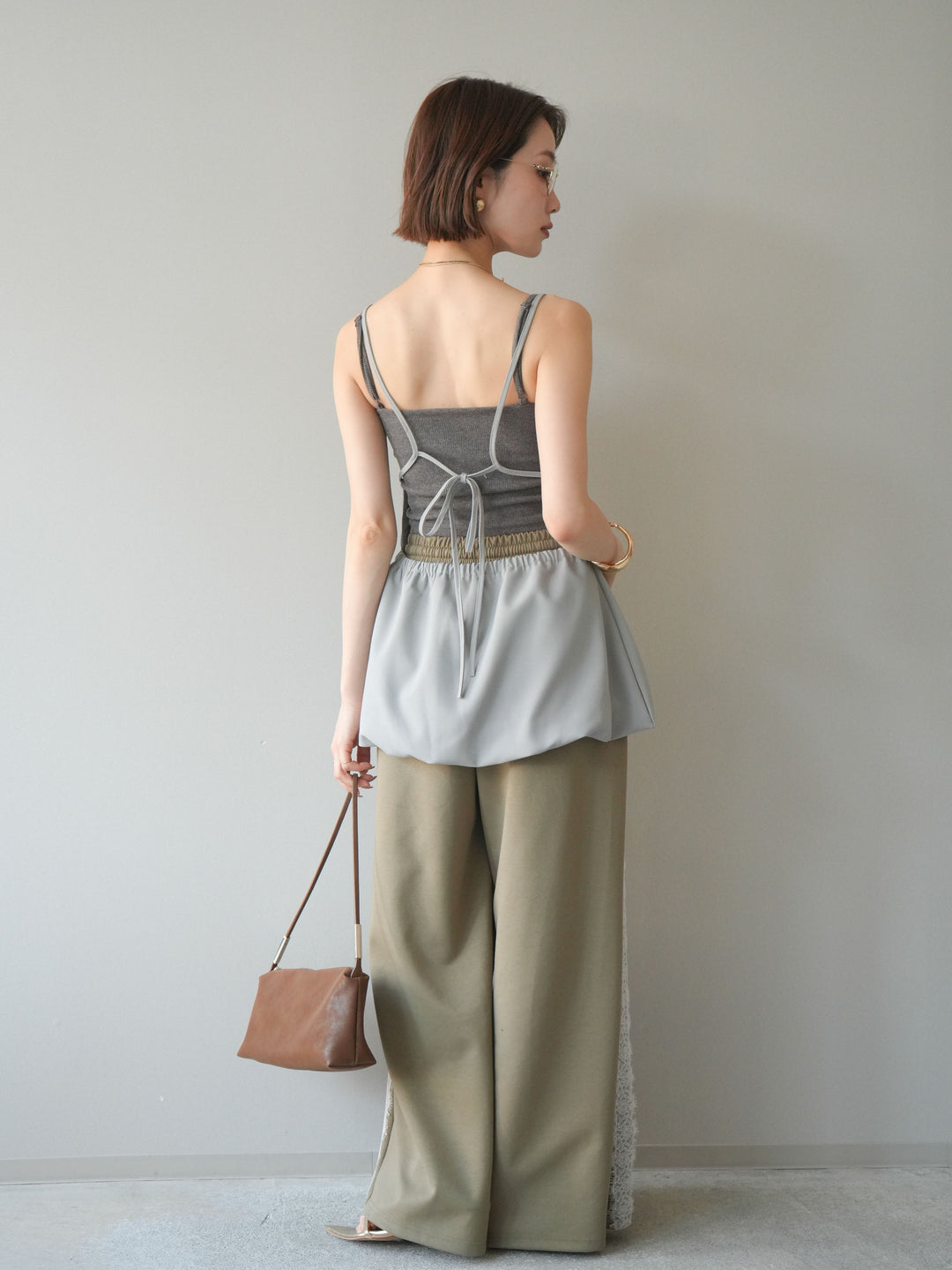 [SET]バックリボンバルーンチュニックキャミ+サイドレースポンチワイドパンツ(2set)
