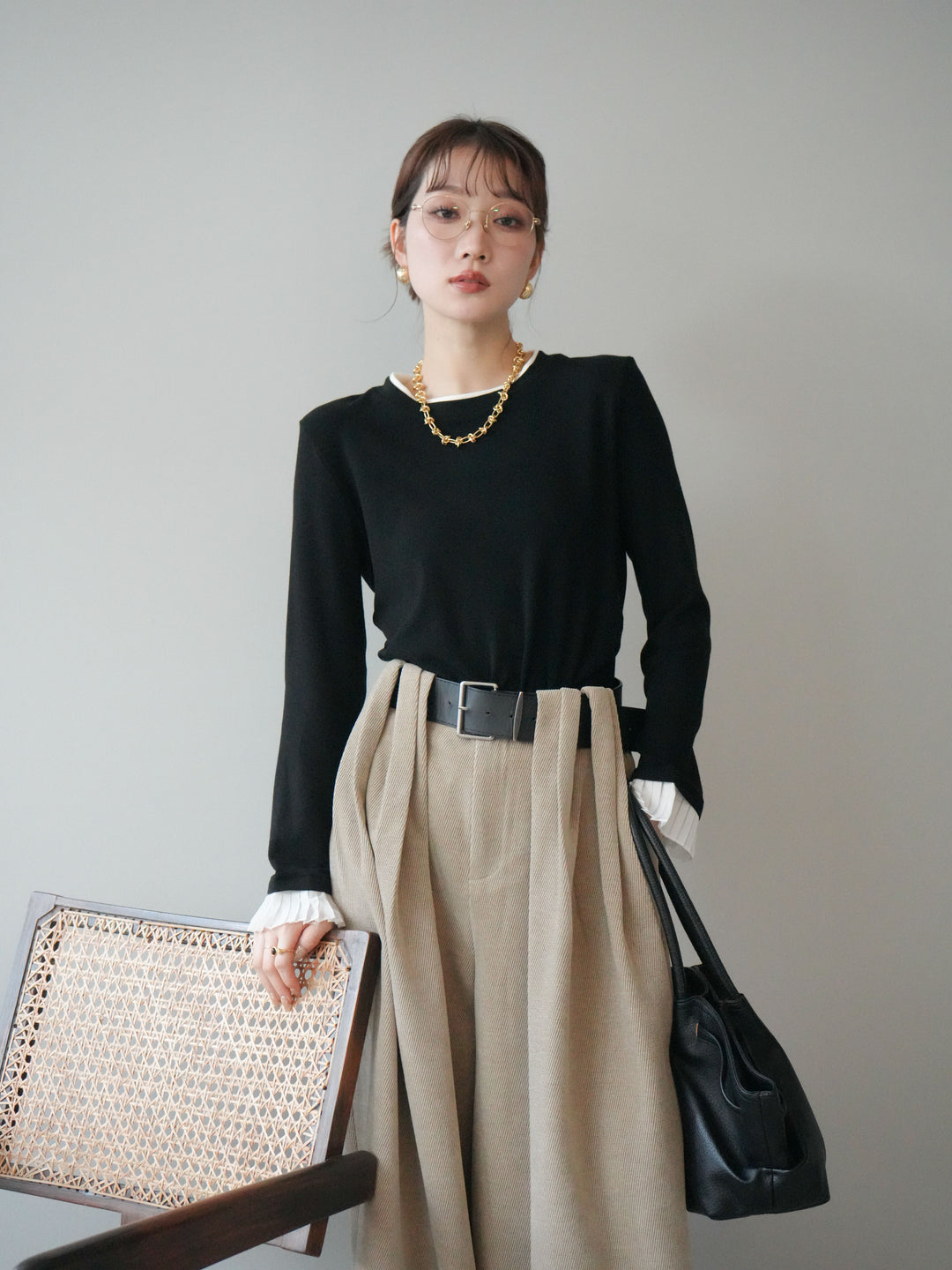 [予約]袖プリーツ配色レイヤードトップス/black