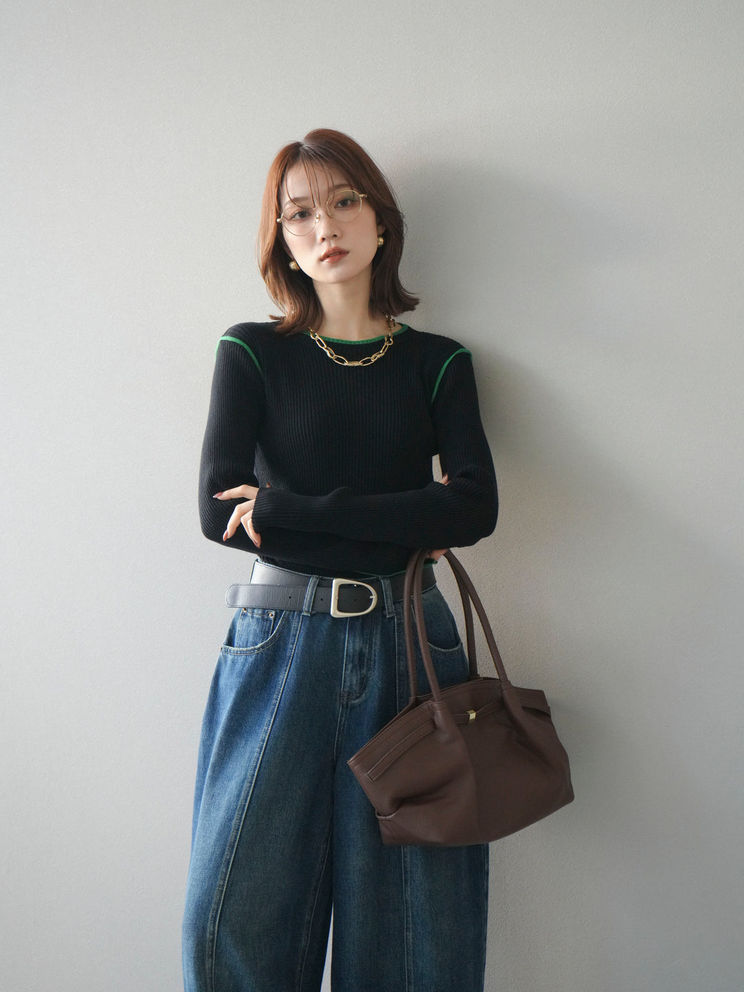 [SET]バイカラークルーネックリブニットトップス+選べるアクセセット(2set)