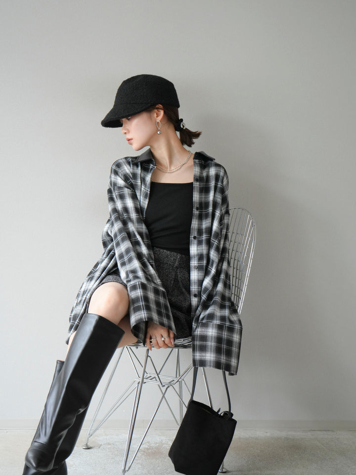 [SET]レザー襟オンブレチェックオーバーシャツ +ツイードハーフパンツ(2set)