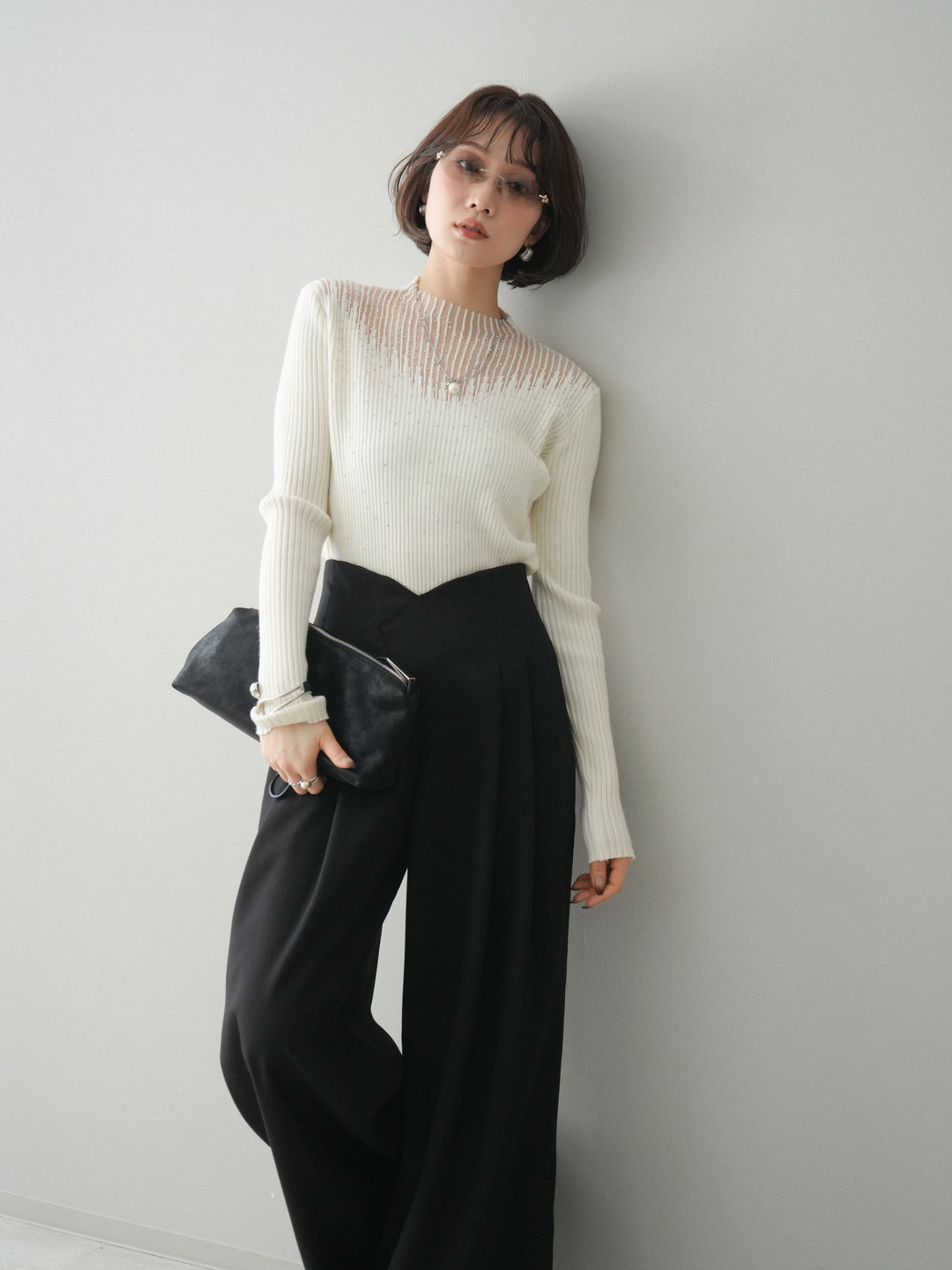 [予約]シアー切替スパンコールリブニットトップス/ivory