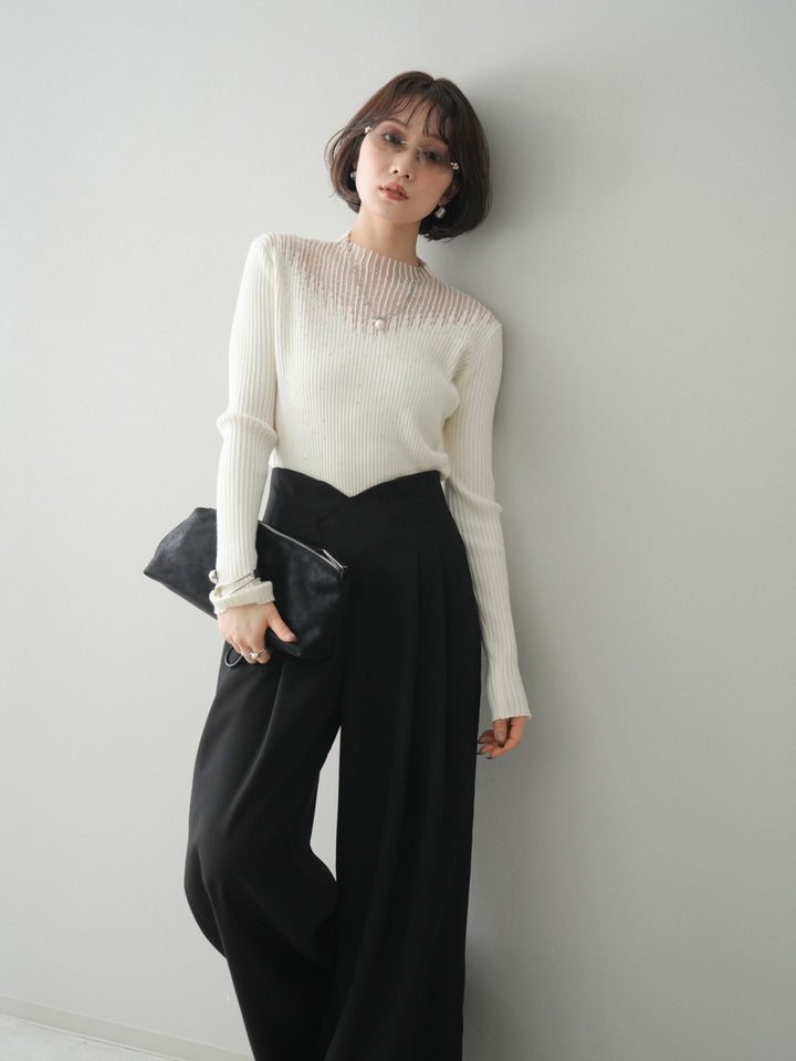 [予約]シアー切替スパンコールリブニットトップス/ivory