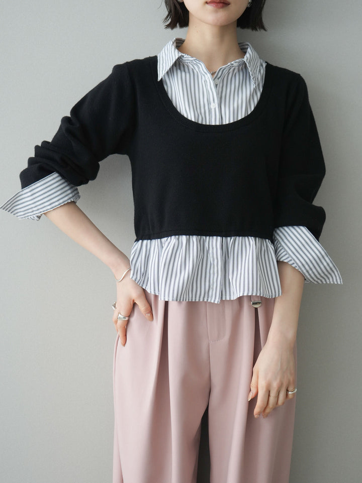 [予約]ストライプシャツUネックドッキングニットプルオーバー/blackoffstripe