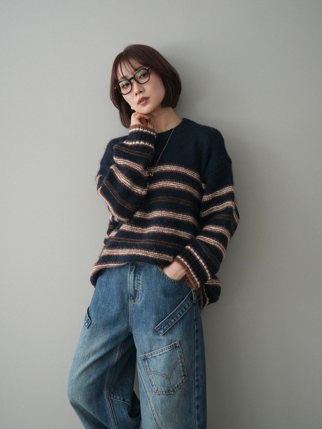 [予約]ステッチボーダーニットプルオーバー/navy