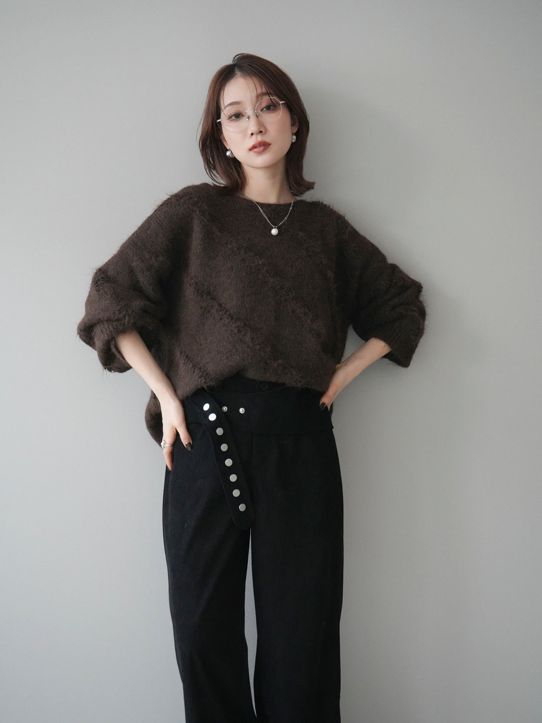 [予約]ブークレラインデザインニットプルオーバー/brown