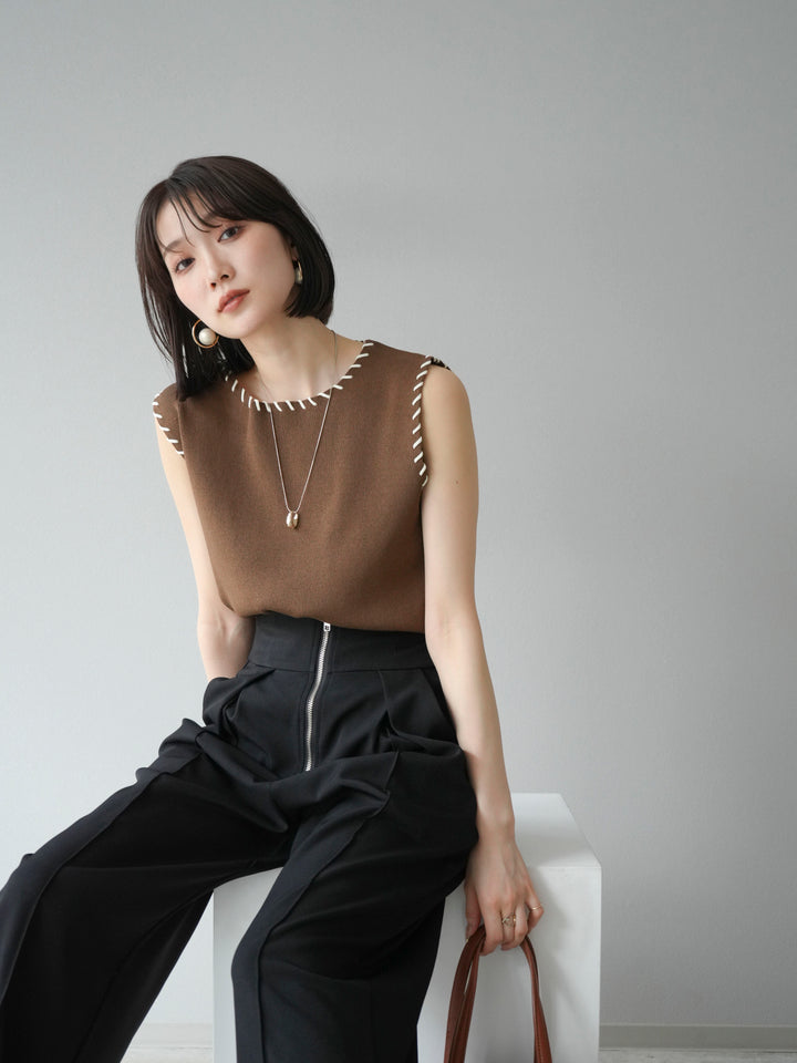 [予約]リネンタッチハンドステッチニットプルオーバー/モカ