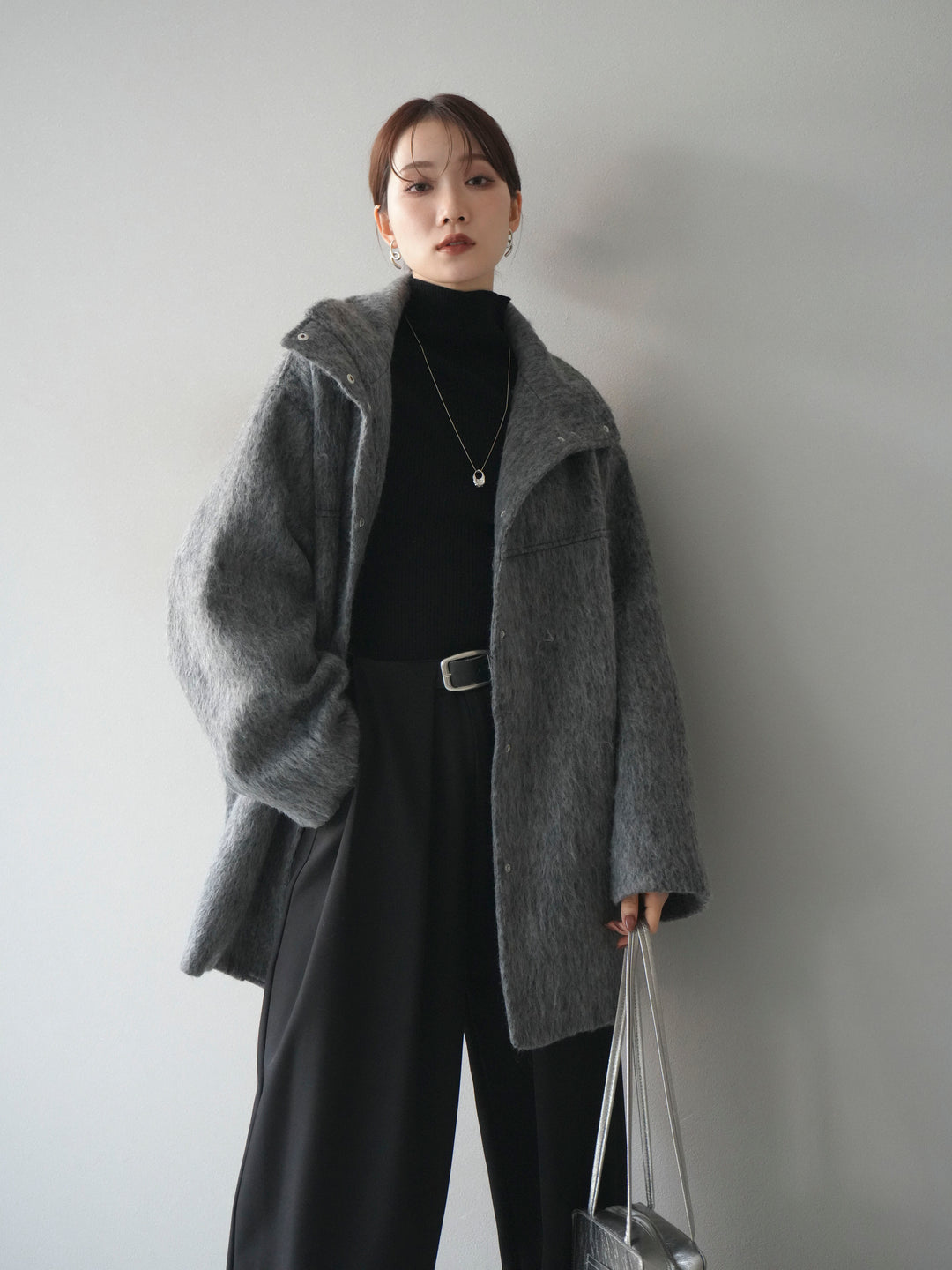 [予約]スタンドカラーシャギーコート/charcoal