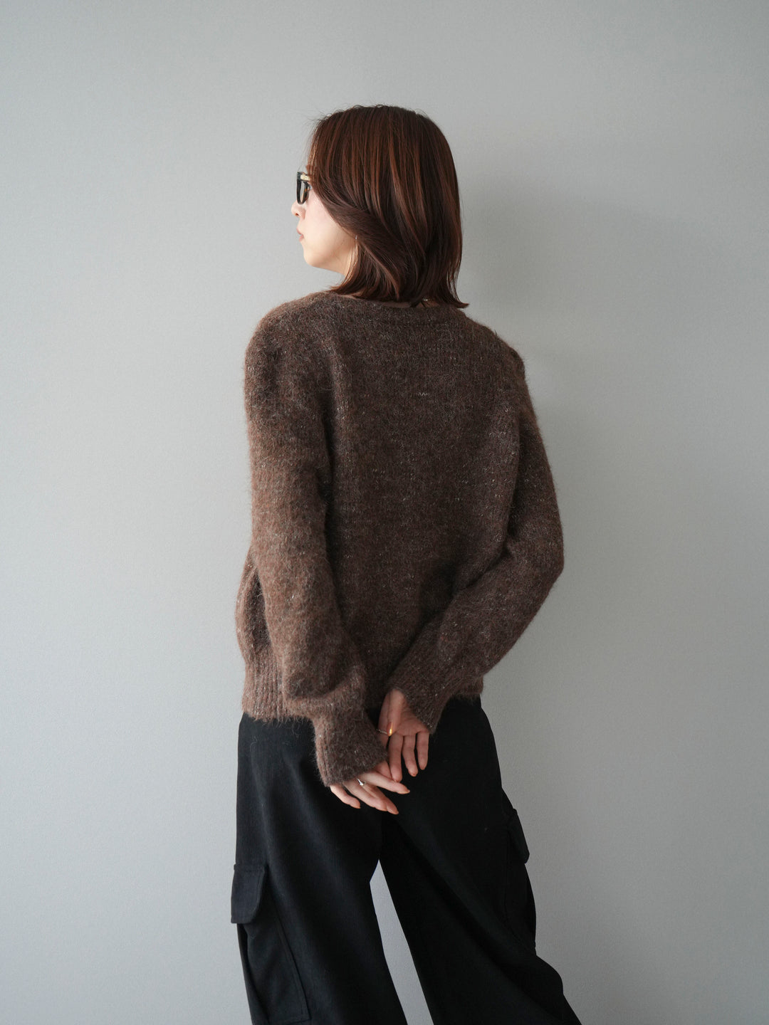 [予約]ブローチ付silverボタンミックスニットカーディガン/brown