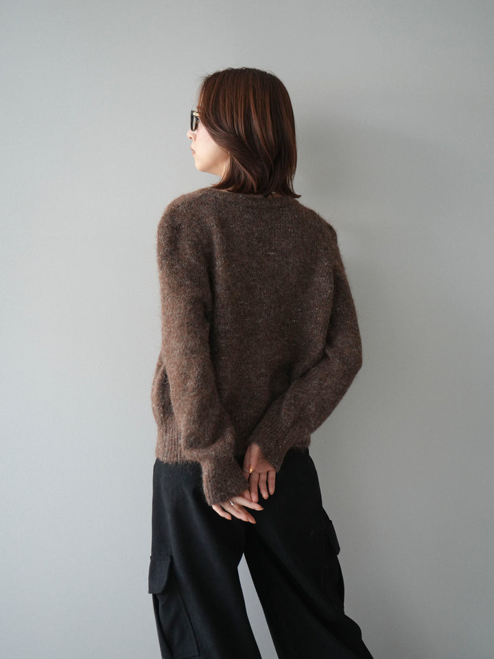 [予約]ブローチ付silverボタンミックスニットカーディガン/brown