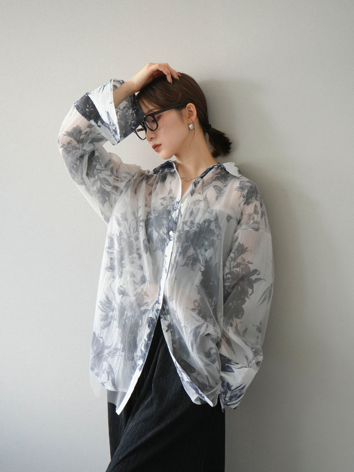 [予約]チュールドッキングフラワー柄オーバーサイズシャツ/グレー