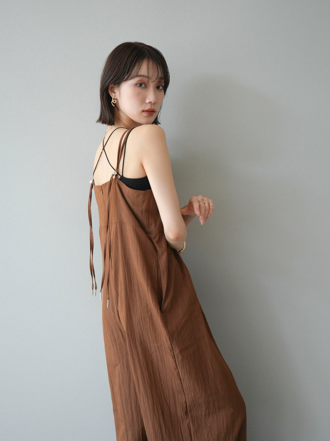 [SET]リネンライクビスチェデザインサロペット+ダブルストラップカットリブブラキャミソール(2set)