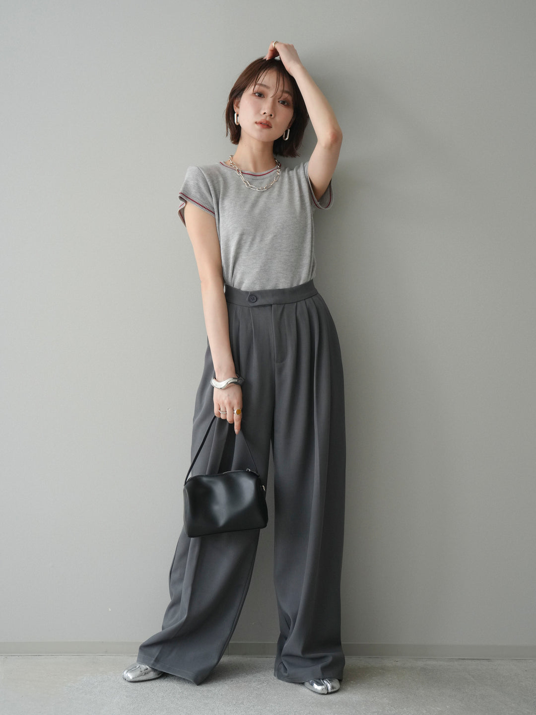 [SET]配色ハーフスリーブニットトップス+メニータックワイドパンツ(2set)