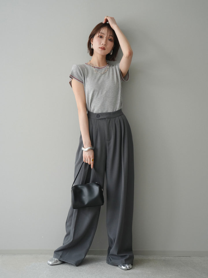 [SET]配色ハーフスリーブニットトップス+メニータックワイドパンツ(2set)