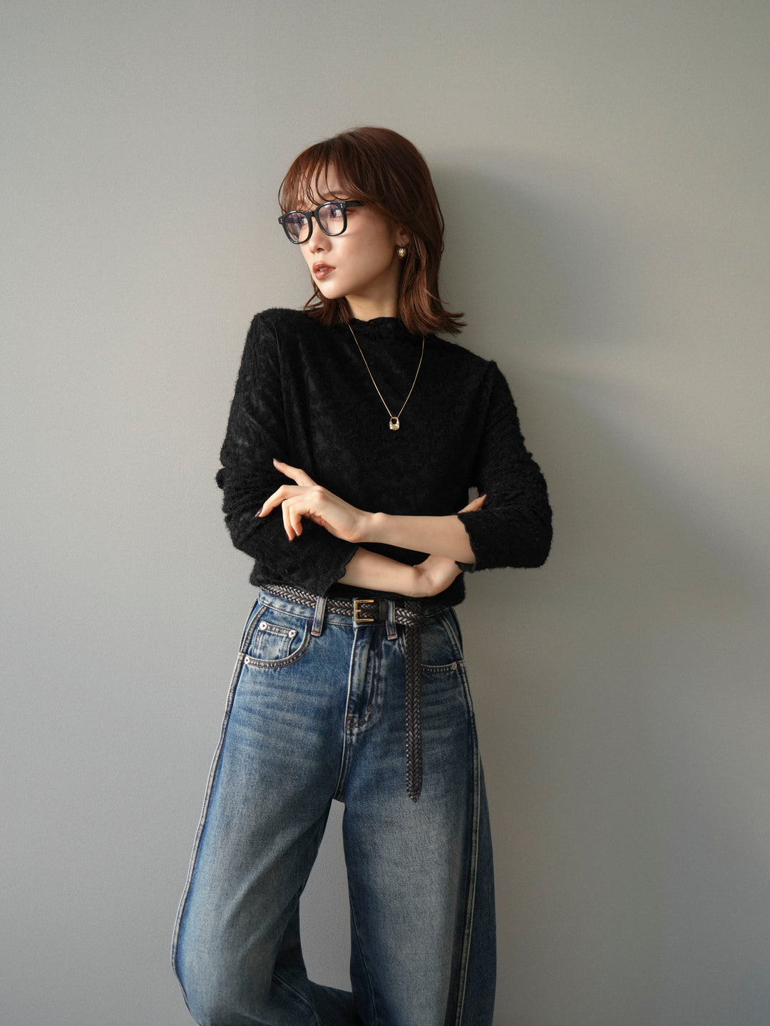 [予約]起毛レースプチネックトップス/black