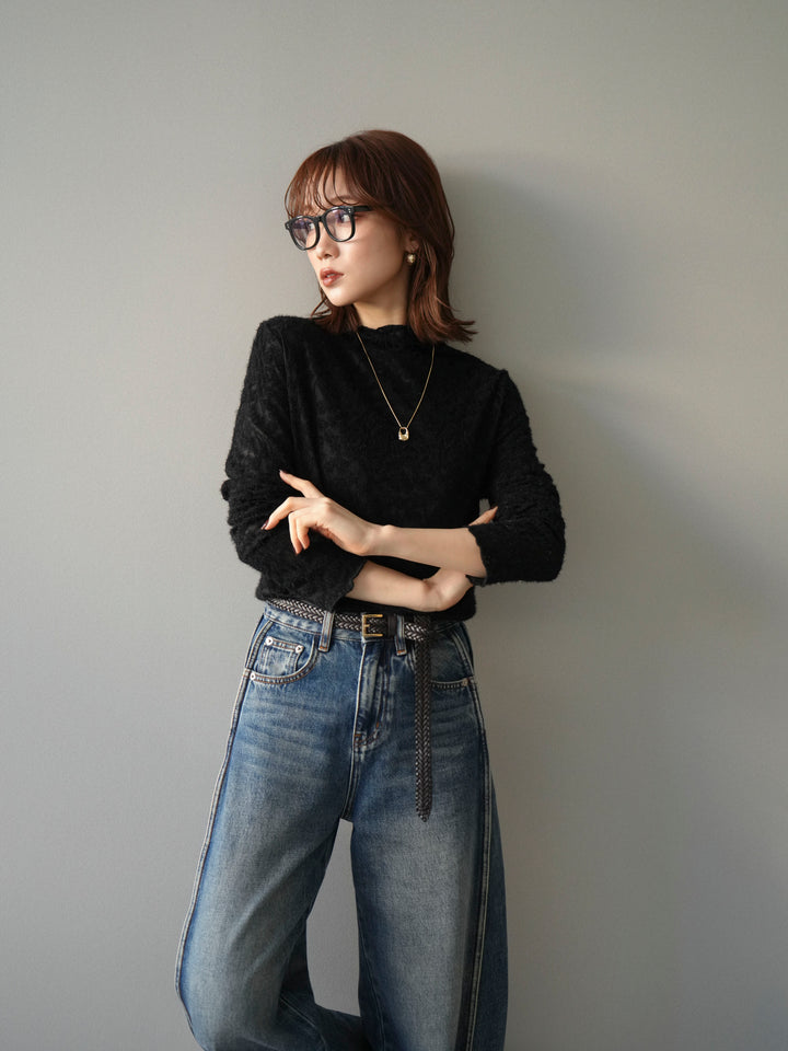 [予約]起毛レースプチネックトップス/black