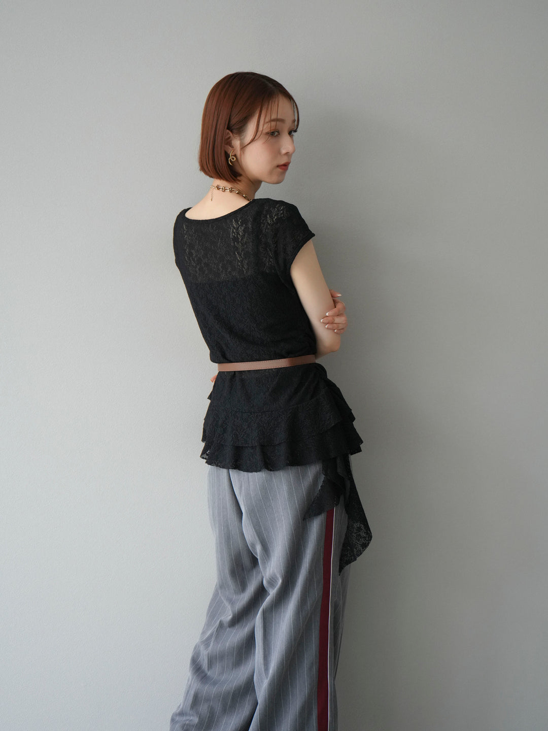 [予約]サイドラインストライプワイドパンツ/グレー