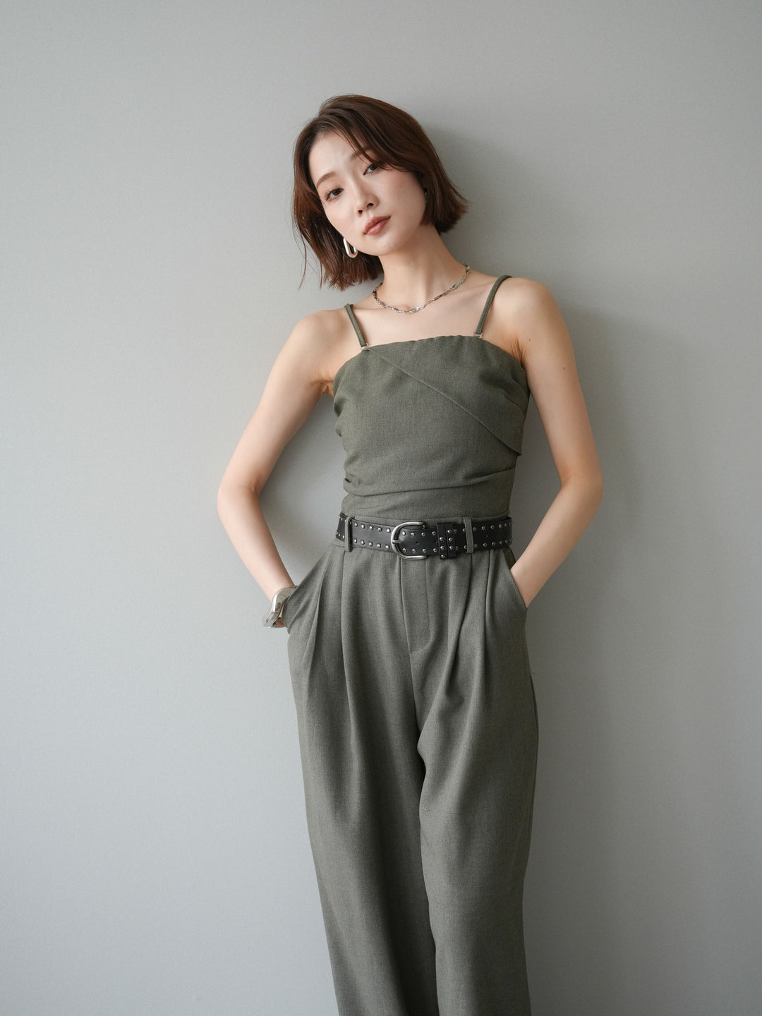 [予約]ベルト付バックシャーリングキャミオールインワン/green