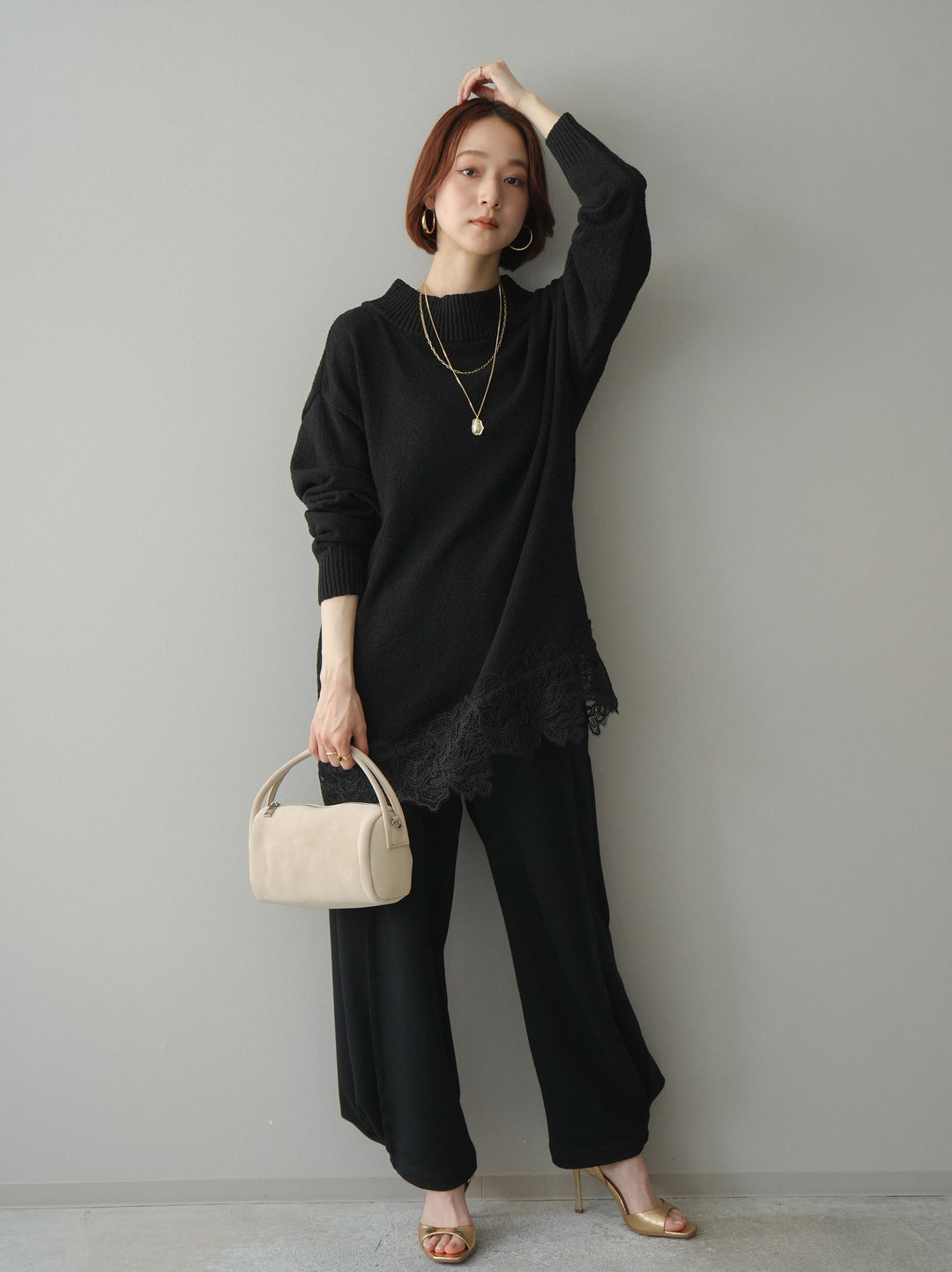 [SET]アシンメトリーレースヘムニットプルオーバー+2WAYデザインスウェットパンツ(2set)