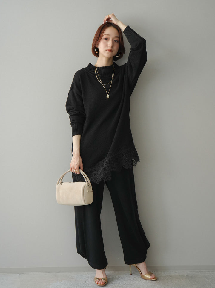 [SET]アシンメトリーレースヘムニットプルオーバー+2WAYデザインスウェットパンツ(2set)