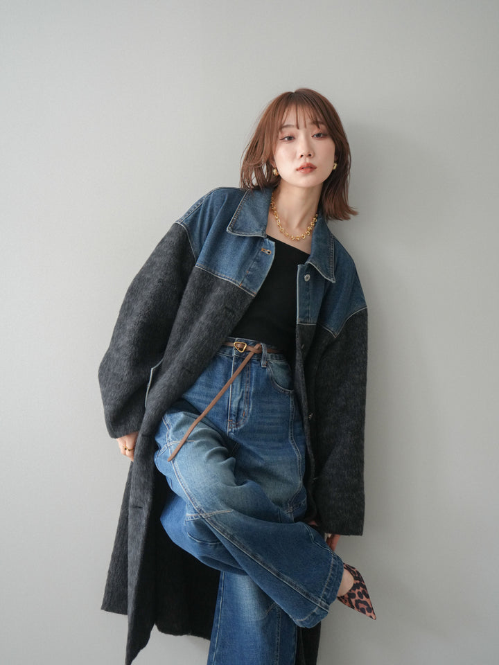 [SET]デニム切替シャギーステンカラーコート+選べるアクセセット(2set)