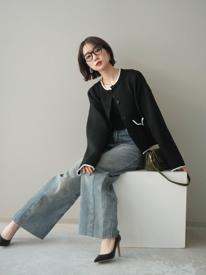 [SET]ポリエステル配色ニットカーディガン+裏起毛カットオフカーブデニムパンツ(2set)