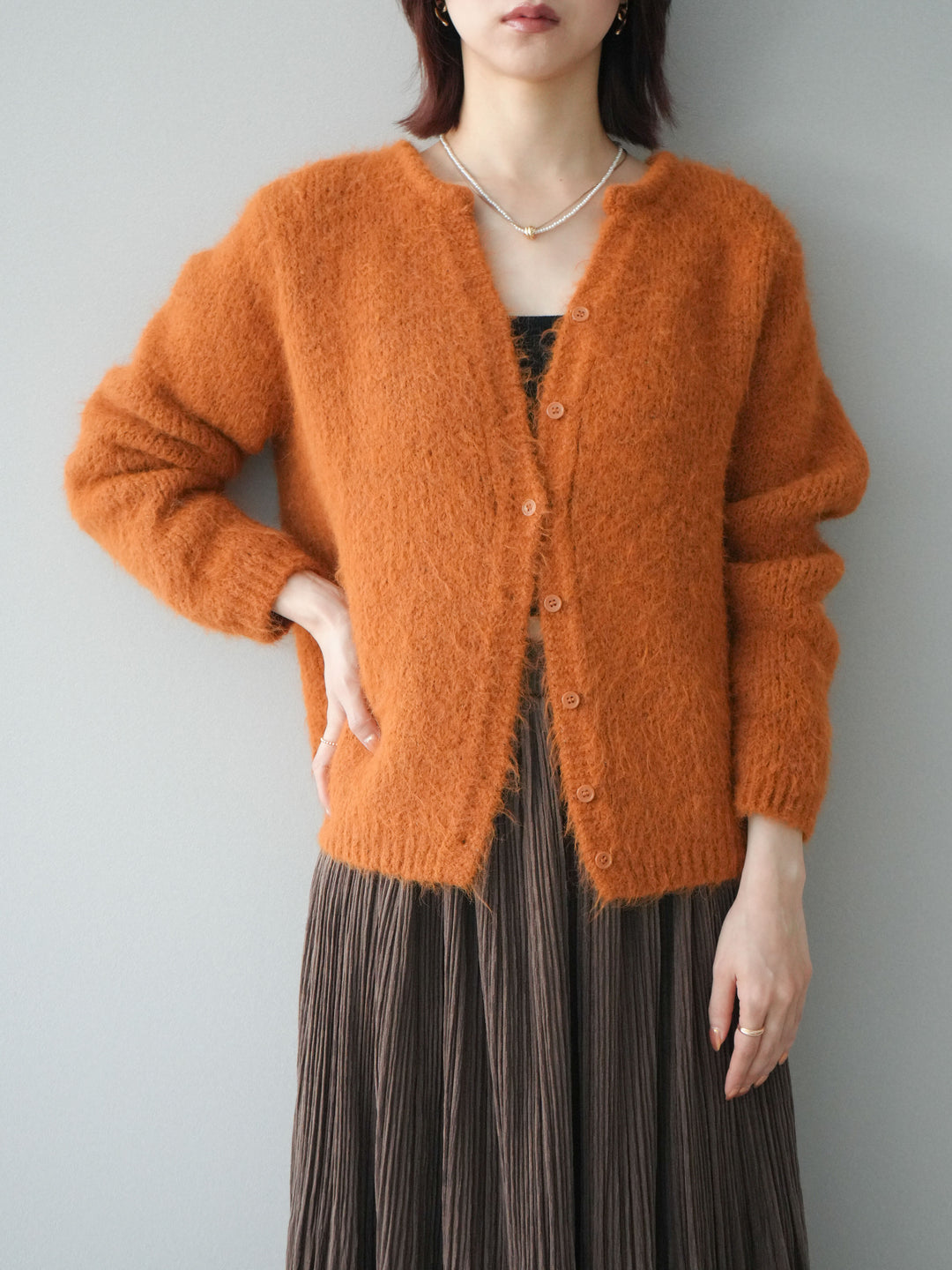 [予約]キーネックシャギーニットカーディガン/camel