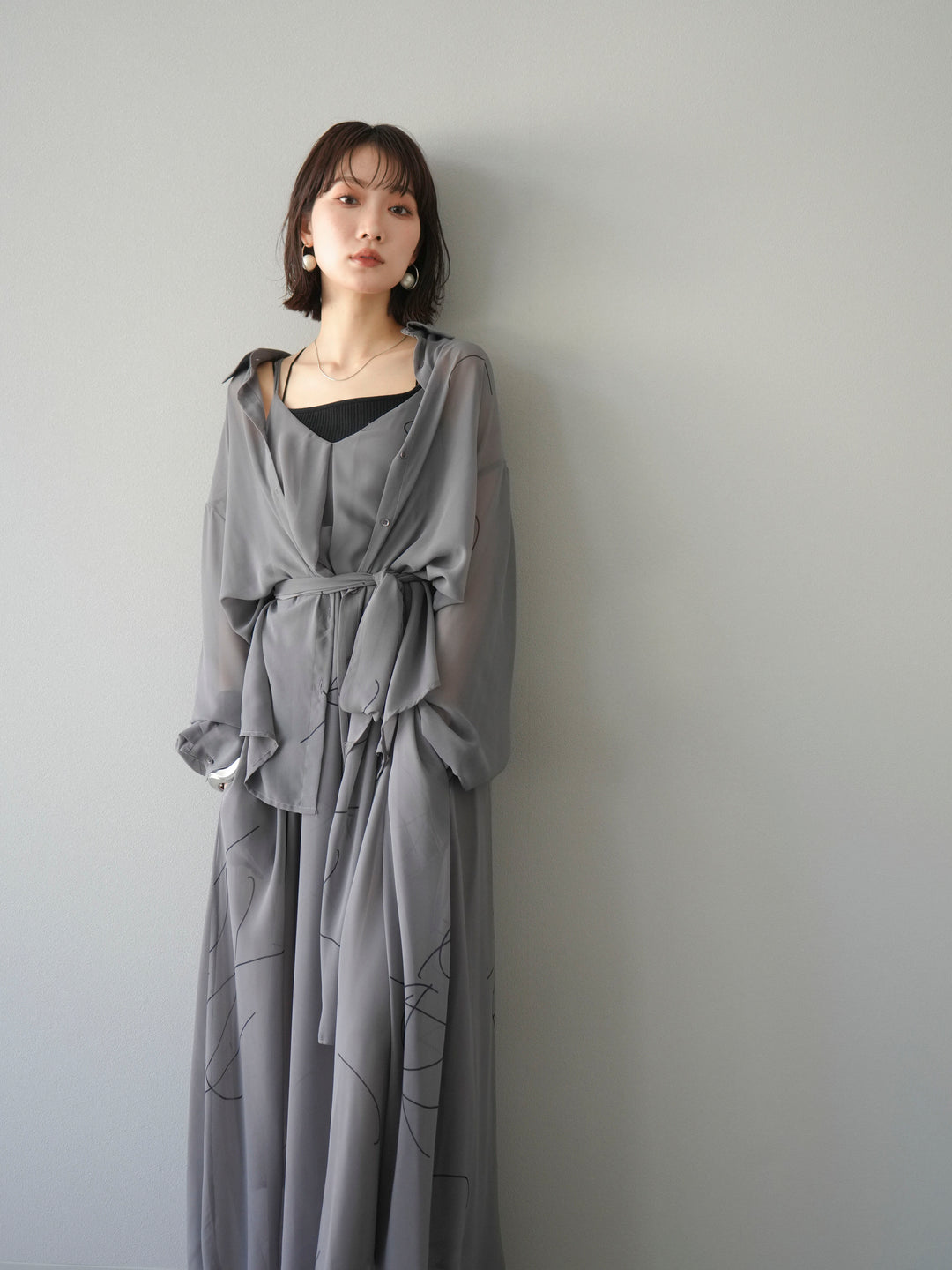 [SET]ペンタッチシフォンキャミワンピース+ペンタッチシフォンシャツ(2set)