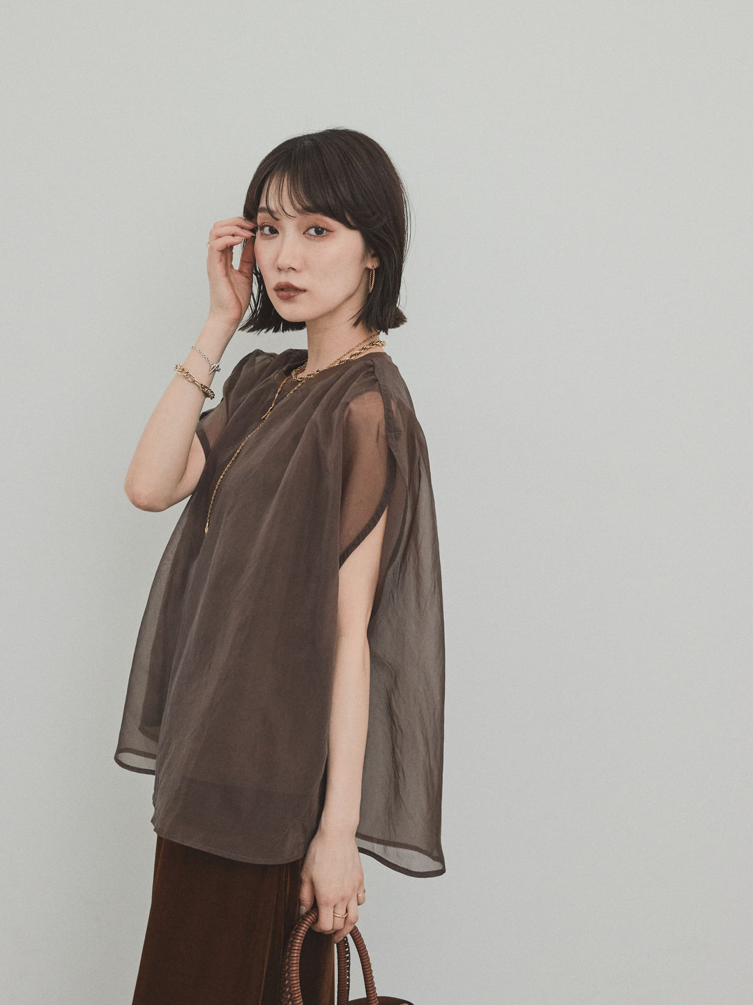 [予約]コンパクトスムースシアーレイヤードトップス/ブラウン