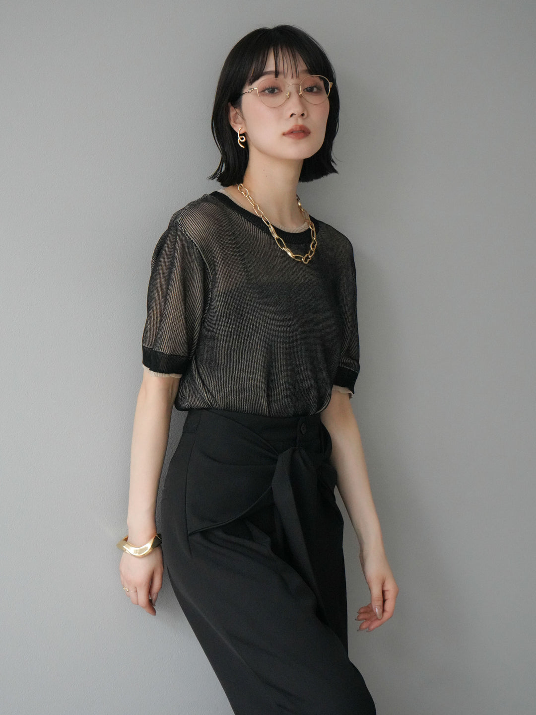 [SET]リネンタッチ配色二重臼ハーフニットトップス+ウエスト巻きデザインワイドパンツ(2set)