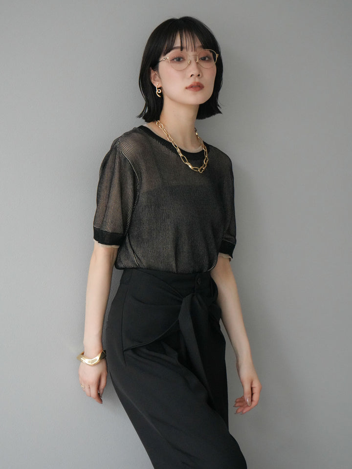 [SET]リネンタッチ配色二重臼ハーフニットトップス+ウエスト巻きデザインワイドパンツ(2set)