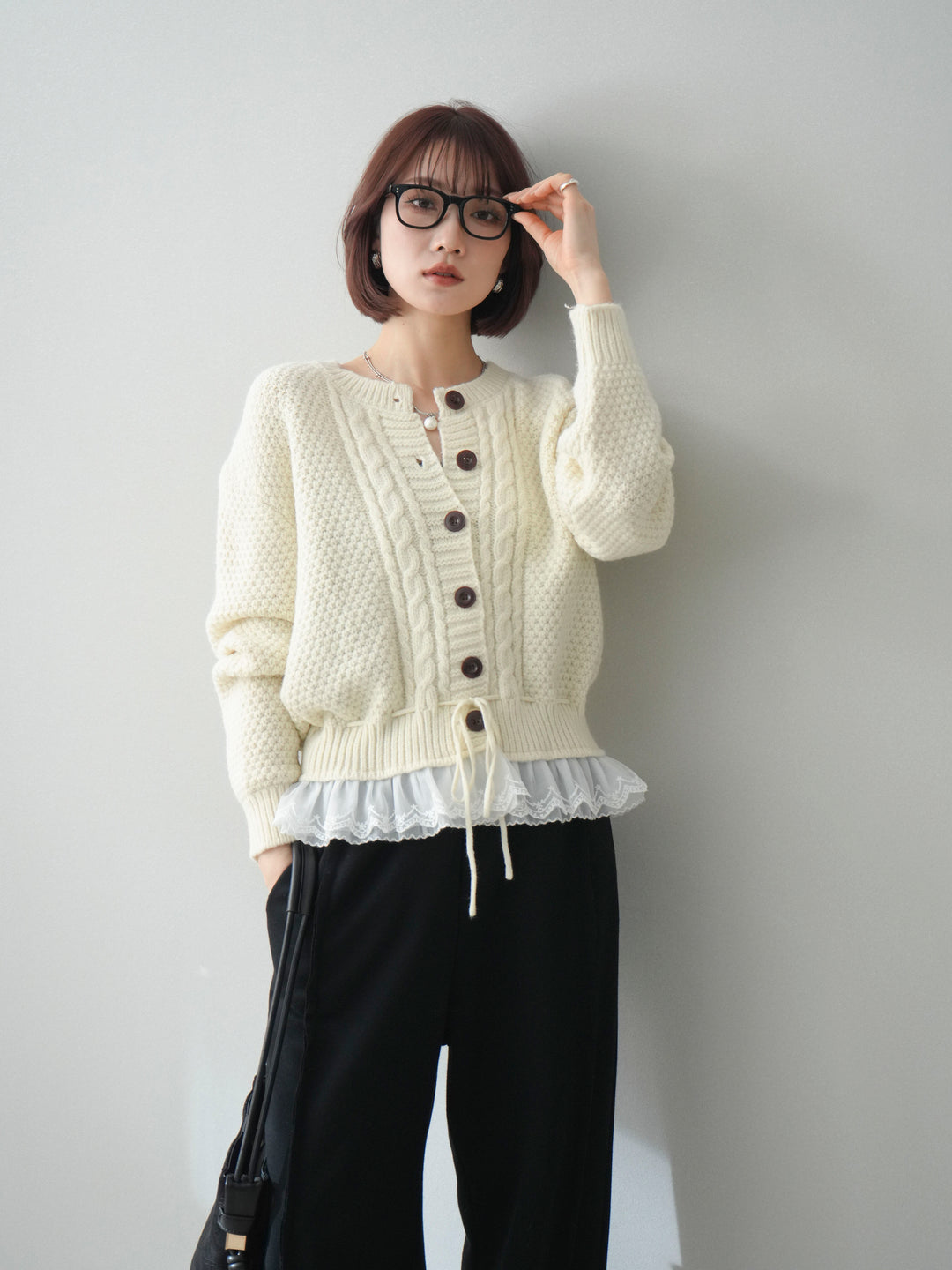 [SET]裾レースケーブルニットカーディガン+選べるアクセセット(2set)