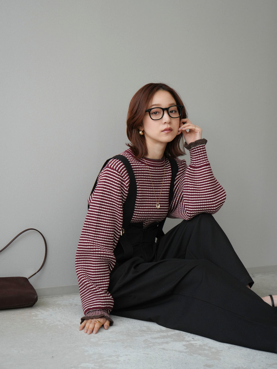 [SET]ラメ異素材ボーダーリブニットプルオーバー+ゴールドボタンサスペンダーワイドパンツ(2set)