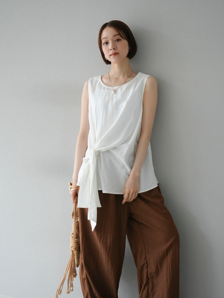 [SET] 前裹式無袖上衣+麻質下擺回型寬褲（2件組）