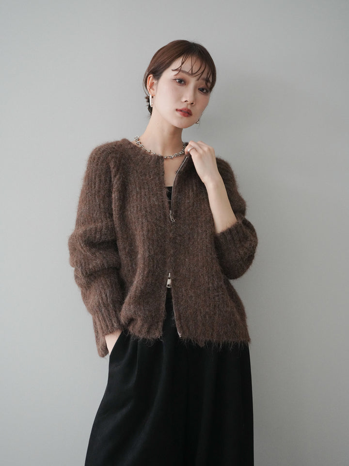 [予約]MIXヤーンモヘアタッチZIPニットカーディガン/brown