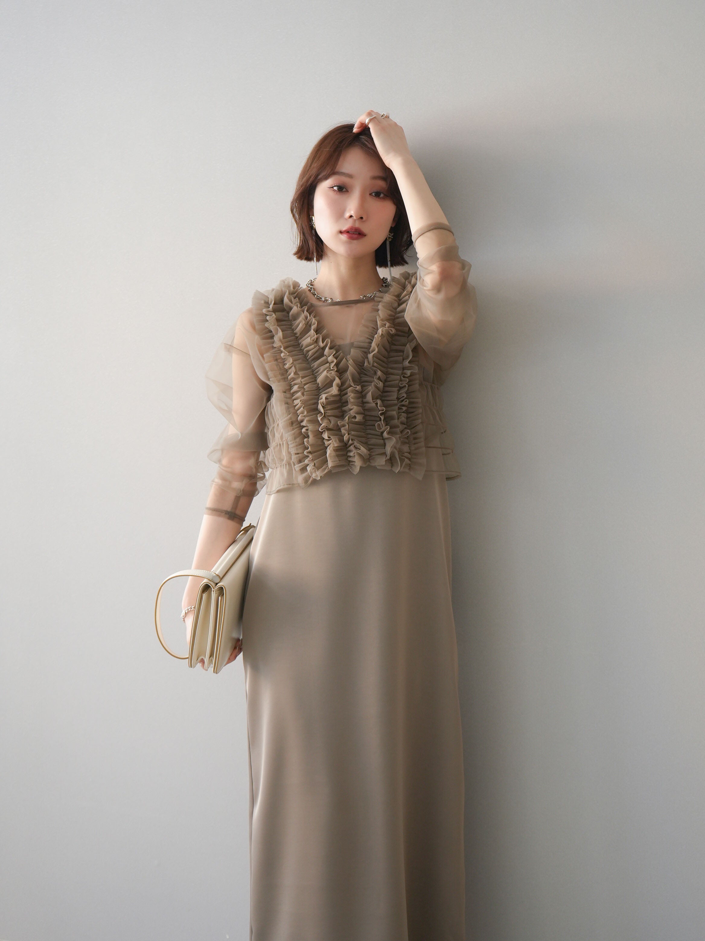 予約]チュールフリルアンサンブルキャミソールドレス 3点SET/beige