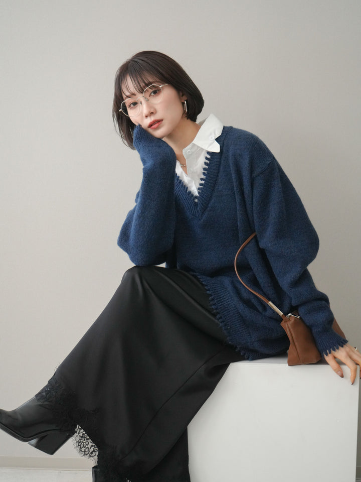 [予約]シャツドッキングVネックフリンジニットプルオーバー/navy
