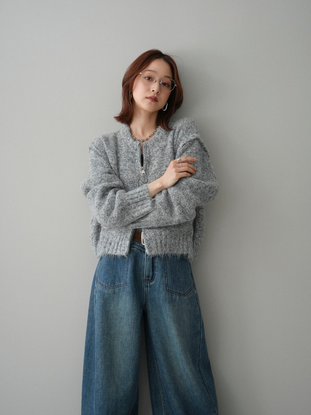 [SET]ミックスヤーンダブルZIPニットカーディガン+ベルト付裏起毛カーブデニムパンツ(2set)