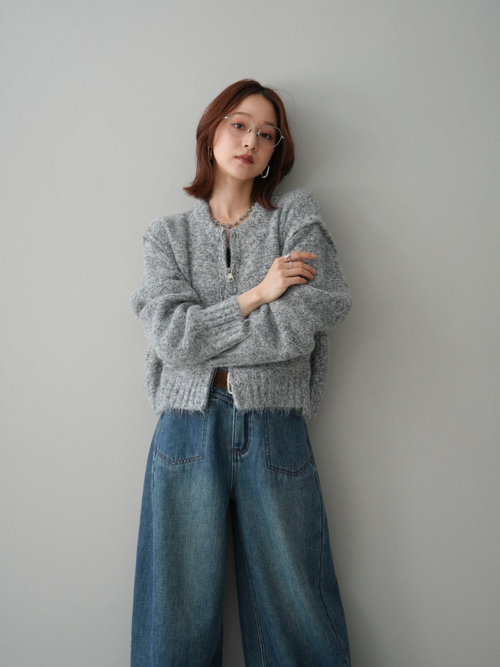 [SET]ミックスヤーンダブルZIPニットカーディガン+ベルト付裏起毛カーブデニムパンツ(2set)