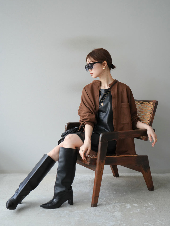 [SET] 麂皮立領外套襯衫 + 附單肩包皮革迷你連身裙（2 套）