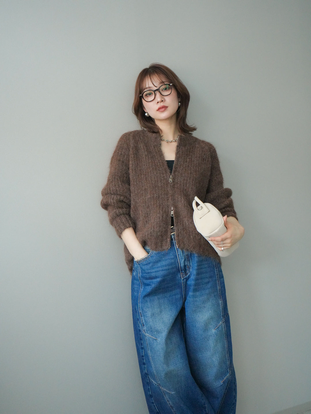 [予約]MIXヤーンモヘアタッチZIPニットカーディガン/brown