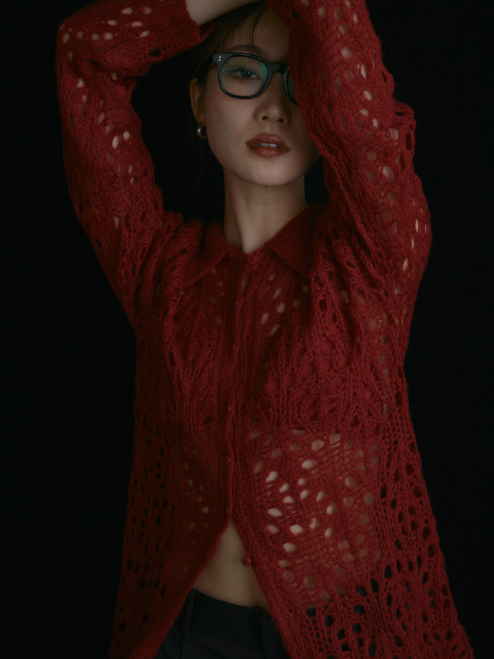 【Allure】[SET]ローゲージ透かし編みポロニッカーディガン+タフタワイドカーブパンツ(2set)