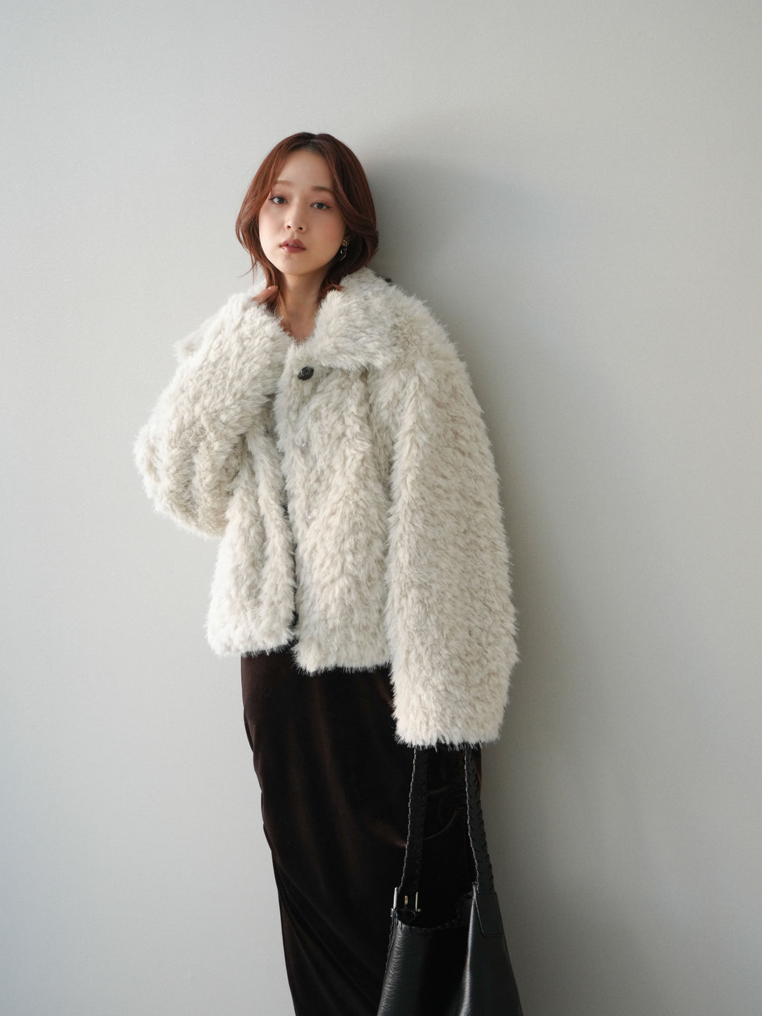 [SET]フェイクファー襟付きショートブルゾン+ギャザーベロアスカート(2set)