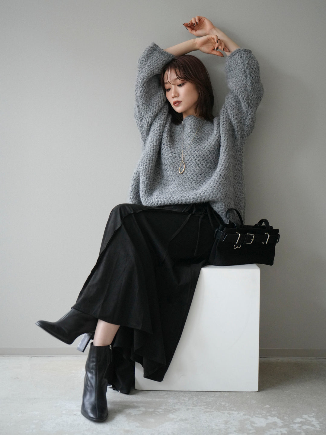 [予約]ワッフル編みオーバーニットプルオーバー/gray