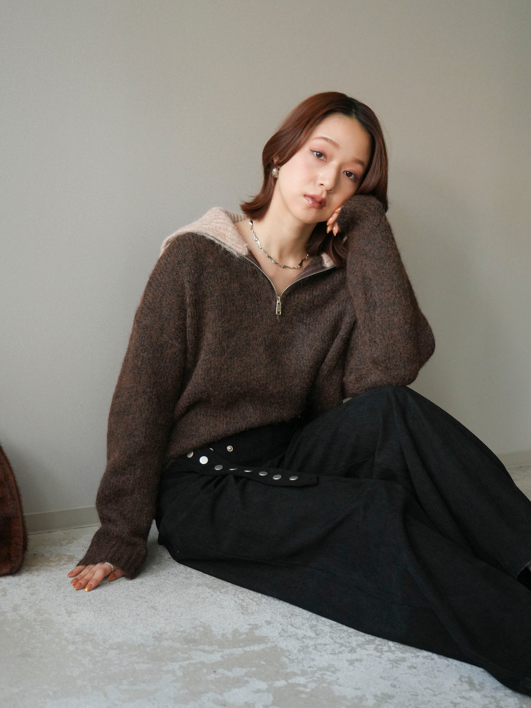 [予約]バイカラージップニットプルオーバー/brown